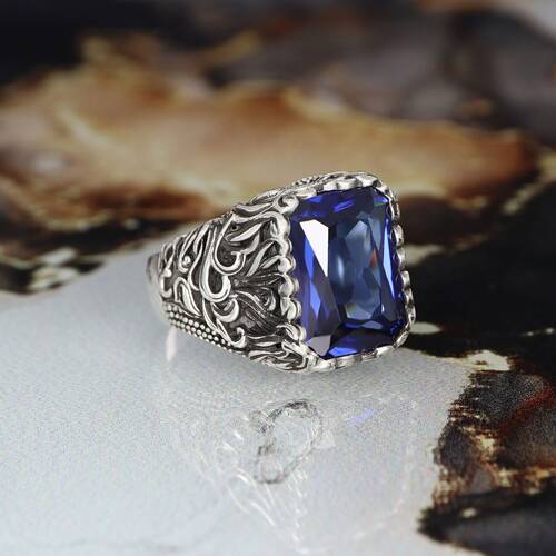 خاتم رجالي من الفضة الإسترليني عيار 925 بحجر الزركون الأزرق البرلماني - 1