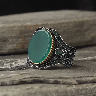 925 Sterling Silver Men's Ring With Agate Stone - 1