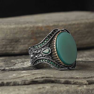 925 Sterling Silver Men's Ring With Agate Stone - 2
