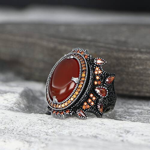 925 Sterling Silver Men's Ring With Agate Stone - 1