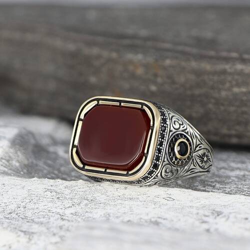 925 Sterling Silver Men's Ring With Agate Stone - 1