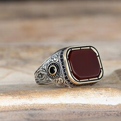 925 Sterling Silver Men's Ring With Agate Stone - 2