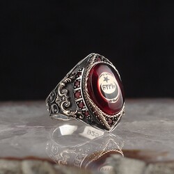 925 Sterling Silver Men's Ring With Amber Stone And Star And Crescent - Luxury Jewelry