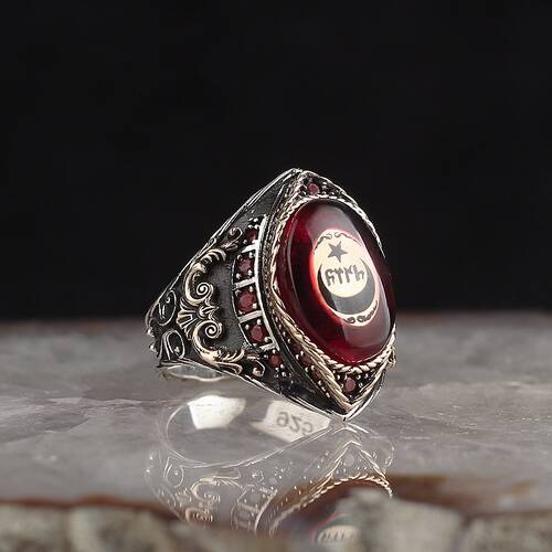 925 Sterling Silver Men's Ring With Amber Stone And Star And Crescent - 1
