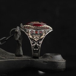 925 Sterling Silver Men's Ring With Amber Stone And Star And Crescent - 2