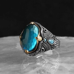 925 Sterling Silver Men's Ring With Aqua Marine Stone - Luxury Jewelry