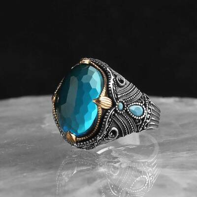 925 Sterling Silver Men's Ring With Aqua Marine Stone - 1