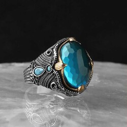 925 Sterling Silver Men's Ring With Aqua Marine Stone - 2
