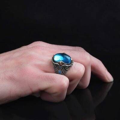 925 Sterling Silver Men's Ring With Aqua Marine Stone - 3
