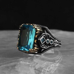 925 Sterling Silver Men's Ring With Aqua Marine Stone - Luxury Jewelry