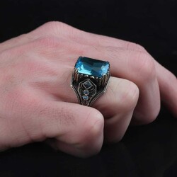 925 Sterling Silver Men's Ring With Aqua Marine Stone - 3