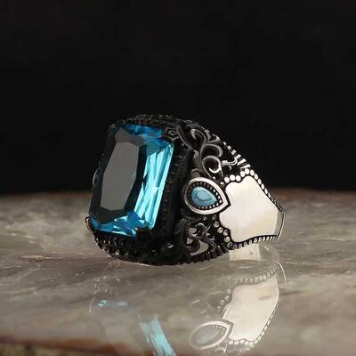 925 Sterling Silver Men's Ring With Aqua Marine Stone - 1
