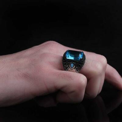925 Sterling Silver Men's Ring With Aqua Marine Stone - 3