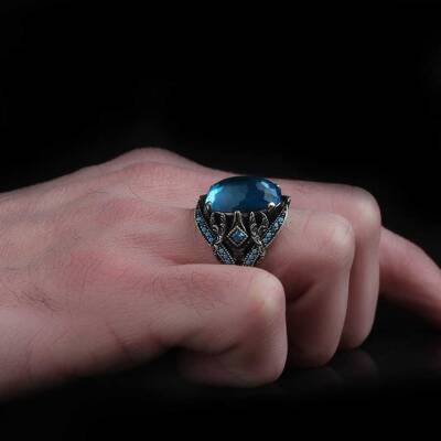 925 Sterling Silver Men's Ring With Aqua Marine Stone - 3