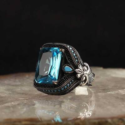 925 Sterling Silver Men's Ring With Aqua Marine Stone - 1
