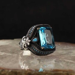925 Sterling Silver Men's Ring With Aqua Marine Stone - 2