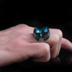925 Sterling Silver Men's Ring With Aqua Marine Stone - 3