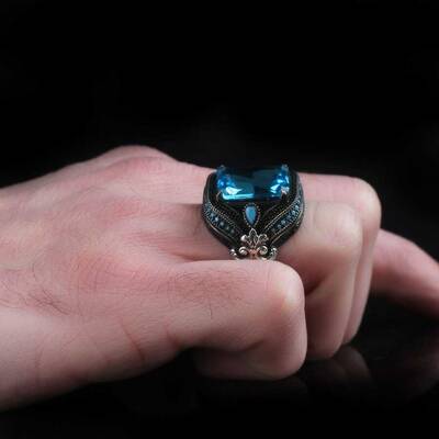 925 Sterling Silver Men's Ring With Aqua Marine Stone - 3