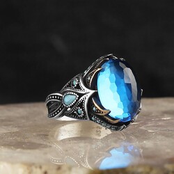 925 Sterling Silver Men's Ring With Aqua Marine Stone - Luxury Jewelry