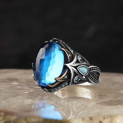 925 Sterling Silver Men's Ring With Aqua Marine Stone - 2