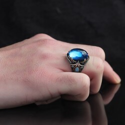 925 Sterling Silver Men's Ring With Aqua Marine Stone - 3