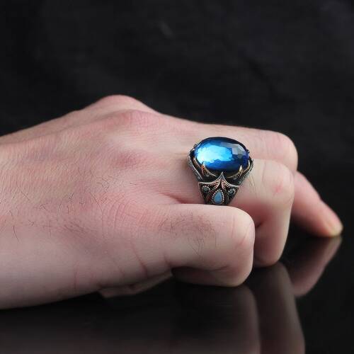 925 Sterling Silver Men's Ring With Aqua Marine Stone - 3
