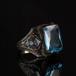 925 Sterling Silver Men's Ring With Aqua Marine Stone - 2