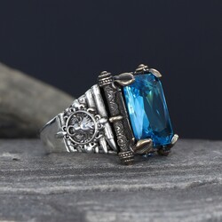 925 Sterling Silver Men's Ring With Aqua Marine Stone - Luxury Jewelry