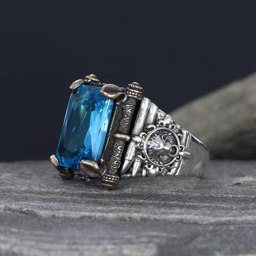 925 Sterling Silver Men's Ring With Aqua Marine Stone - 2