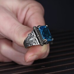 925 Sterling Silver Men's Ring With Aqua Marine Stone - 3