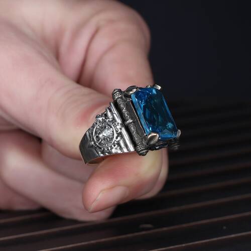 925 Sterling Silver Men's Ring With Aqua Marine Stone - 3