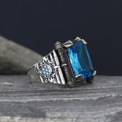 925 Sterling Silver Men's Ring With Aqua Marine Stone - Luxury Jewelry