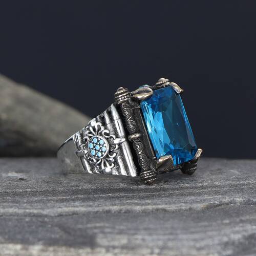 925 Sterling Silver Men's Ring With Aqua Marine Stone - 1