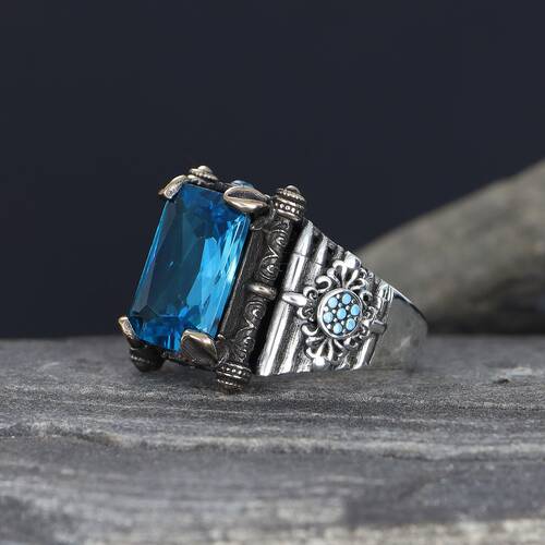 925 Sterling Silver Men's Ring With Aqua Marine Stone - 2