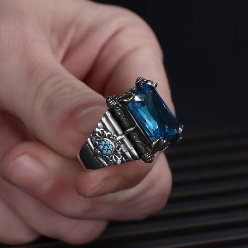 925 Sterling Silver Men's Ring With Aqua Marine Stone - 3