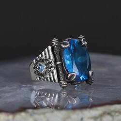 925 Sterling Silver Men's Ring With Aqua Marine Stone - 4