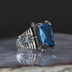 925 Sterling Silver Men's Ring With Aqua Marine Stone - Luxury Jewelry