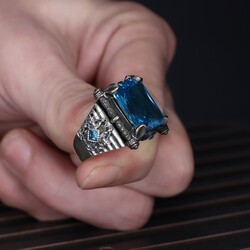925 Sterling Silver Men's Ring With Aqua Marine Stone - 3