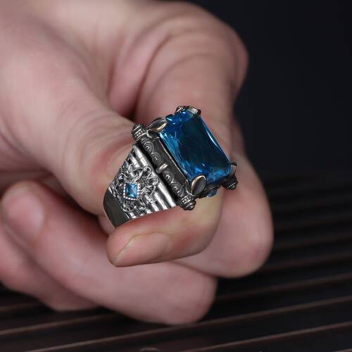 925 Sterling Silver Men's Ring With Aqua Marine Stone - 3