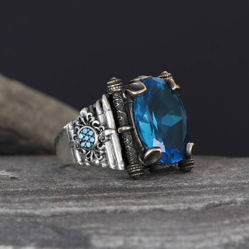925 Sterling Silver Men's Ring With Aqua Marine Stone - 1