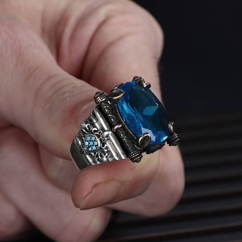 925 Sterling Silver Men's Ring With Aqua Marine Stone - 2