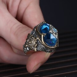925 Sterling Silver Men's Ring With Aqua Marine Stone - 3