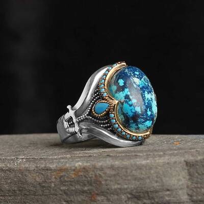 925 Sterling Silver Men's Ring With Azurite Stone - 1