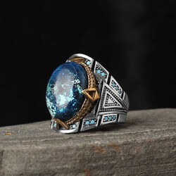 925 Sterling Silver Men's Ring With Azurite Stone - Luxury Jewelry