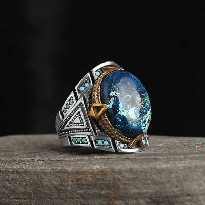 925 Sterling Silver Men's Ring With Azurite Stone - 2