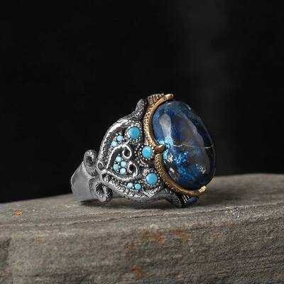 925 Sterling Silver Men's Ring With Azurite Stone - 2