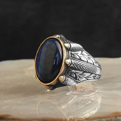 925 Sterling Silver Men's Ring With Blue Tiger's Eye Stone - 1