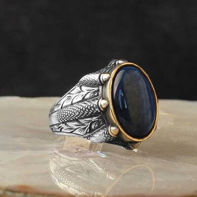 925 Sterling Silver Men's Ring With Blue Tiger's Eye Stone - 2