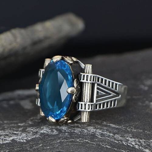 925 Sterling Silver Men's Ring With Blue Topaz Stone - 1