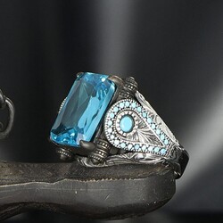 925 Sterling Silver Men's Ring With Blue Topaz Stone - Luxury Jewelry